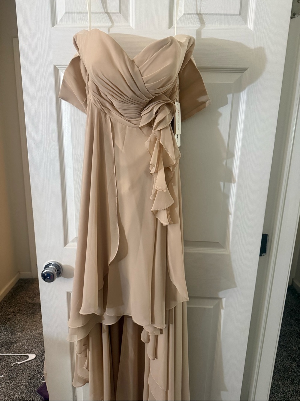 Social Bridesmaids Beige Chiffon High-Low Ruffle Dress